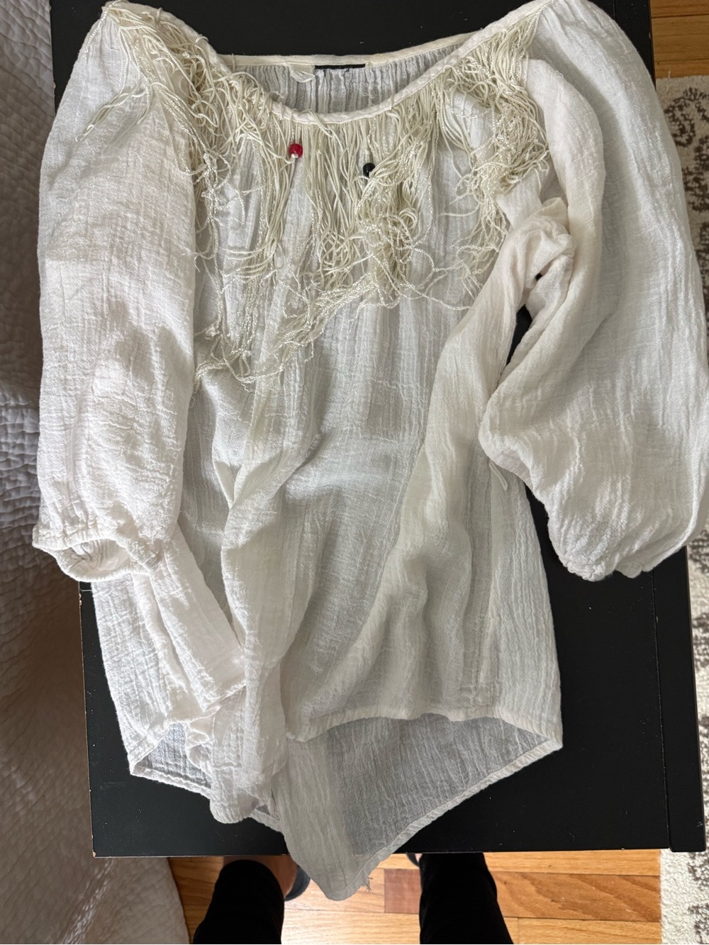 White Gauze Fringe Tassel Neckline Boho Peasant Blouse
